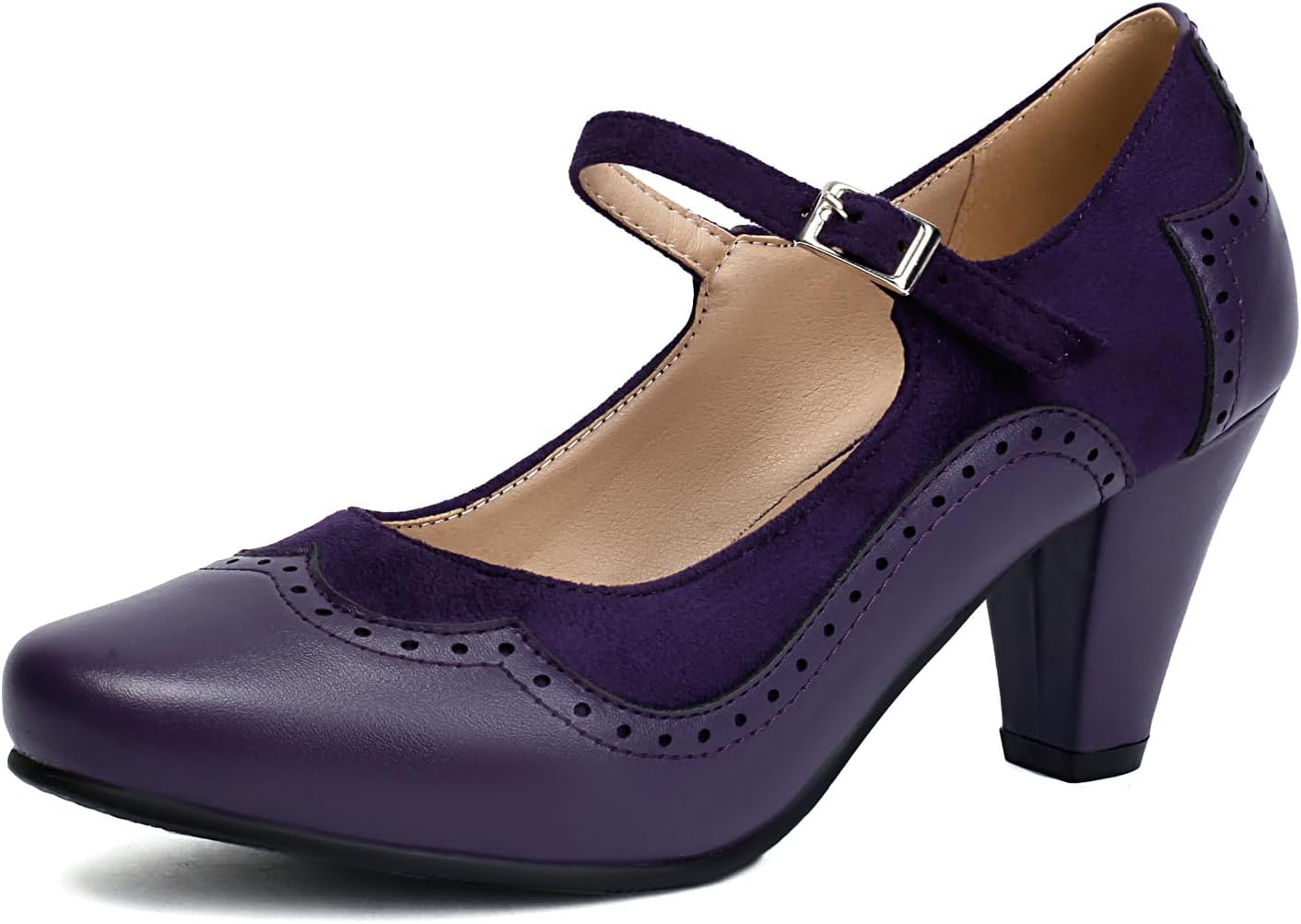 Elerhythm Women's Mary Jane Classic and Retro 1920s Pump Heels Gatsby Oxford Pattern 1950s Pinup Vintage Round Closed Toe 1940s Ankle Strap Dress Shoes