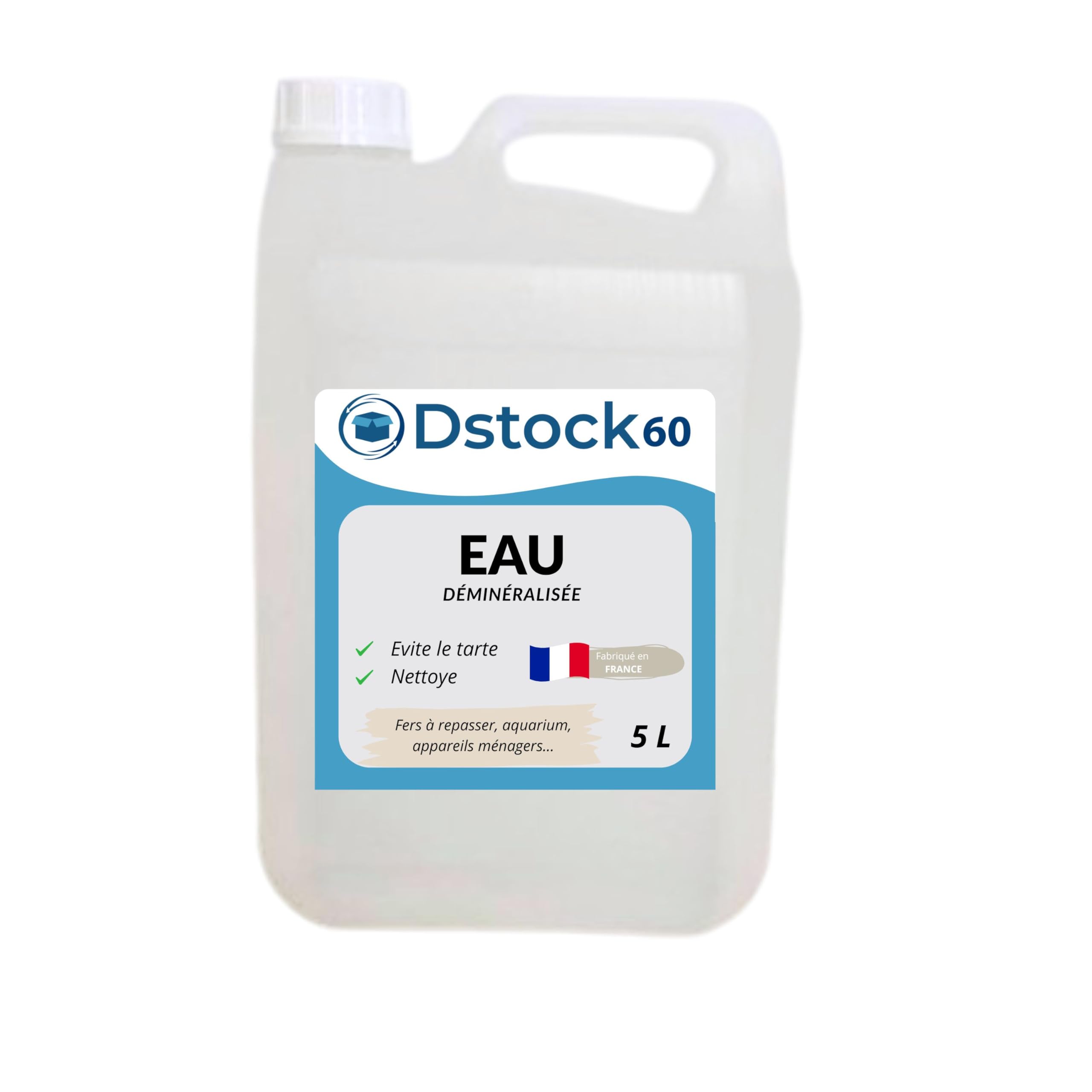 DSTOCK60 - Eau déminéralisée 5L – Fabrication Française – Haute Pureté pour Fer à Repasser, Batterie, Nettoyage, Vapeur, Aquarium – Qualité Premium - 3 bidons
