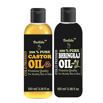 VADHIKA Pure & Natural Cold Pressed Castor & Bhringraj Oil for Hair & Skin-Pack of 2 (100 ml Each)