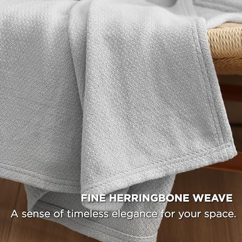 Image of Bedsure 100% Cotton Blanket, Herringbone Weave, Queen Size, Cool Grey