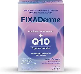 Fixaderme – Suplemento Alimentar de Colágeno Hidrolisado Verisol®, Coenzima Q10 E Vitamina C em gomas mastigáveis – Sem açúcar – Sabores sortidos de frutas – 1 Caixa com 45 gomas mastigáveis