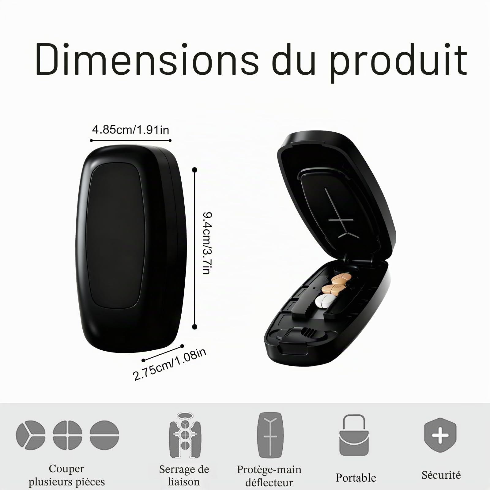 Coupe Combiné, Portable Coupe Medicaments Peut Diviser les Comprimés 1 en 2, 1 en 3, 1 en 4 pour les Voyages et la Maison (Noir)