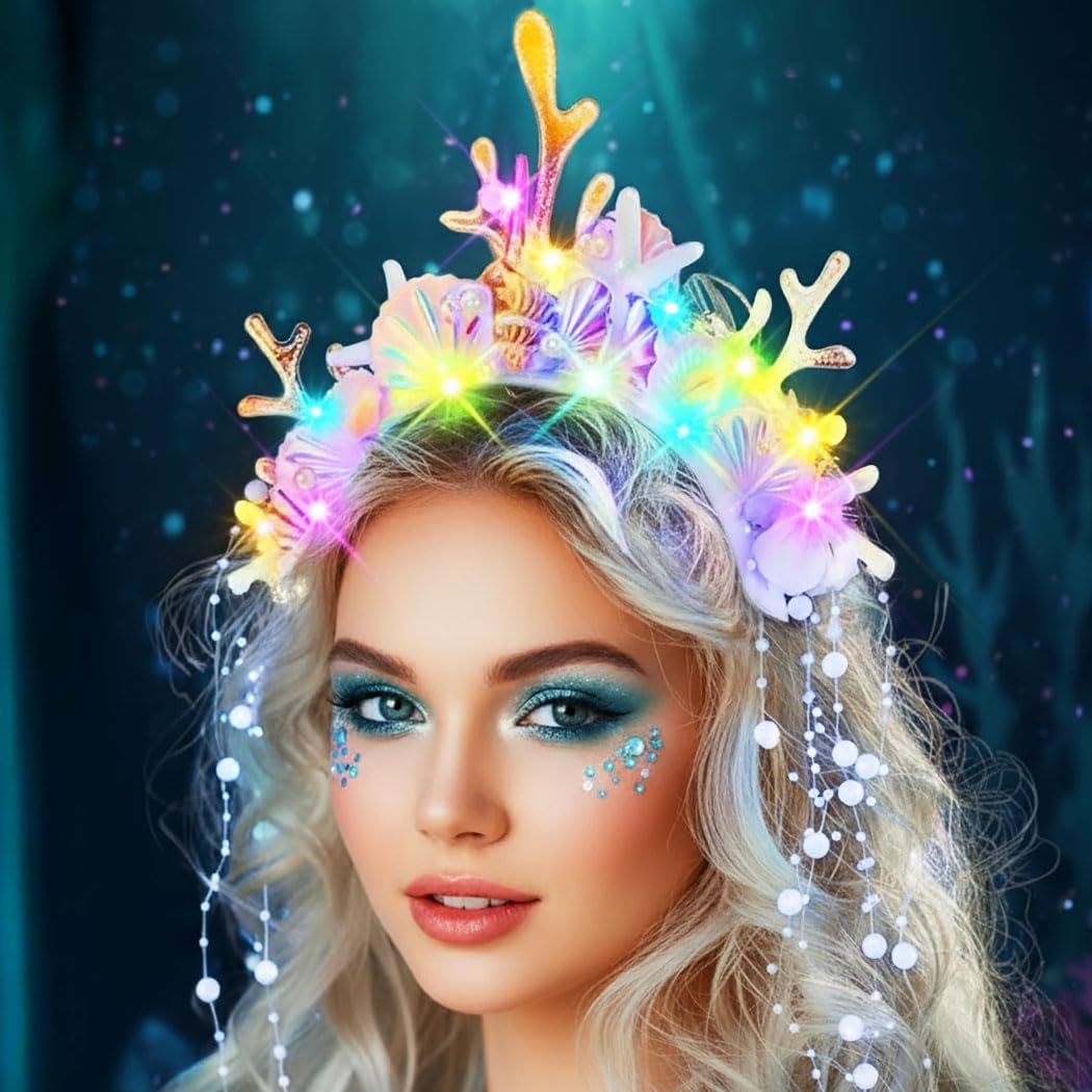 ACEDRE Light Up Mermaid Crown Headband Shell Starfish Headpiece Pearl Costume Hair Accessories for Women