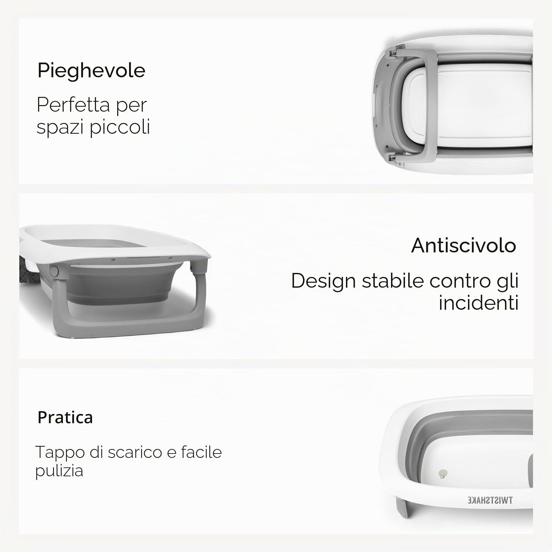 Twistshake Vaschetta Bagnetto Pieghevole Antiscivolo 30L | Design Ergonomico e Compatto | Vasca Portatile Neonati | Doccia Bimbi Sicura | Utilizzo da 0+ Mesi | Grigio Bianco