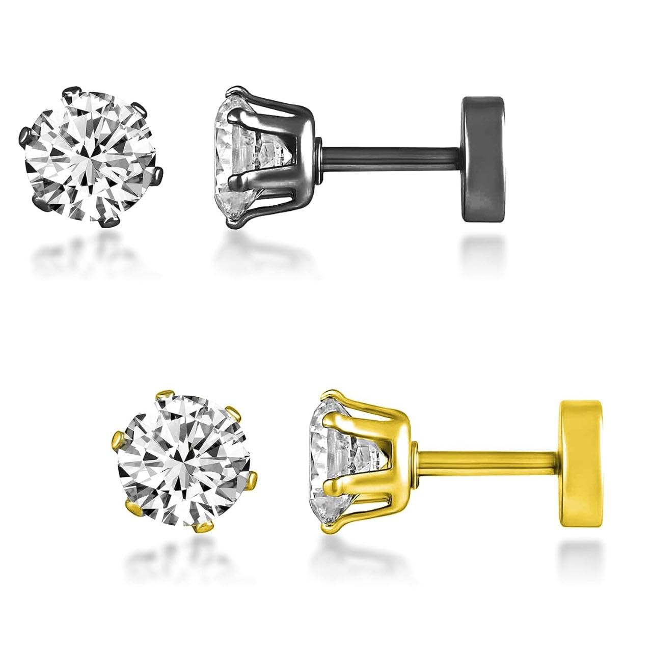 SV Solitaire Single Stone Diamond Silver Gold Stud Earrings Combo Pack Set-image-32