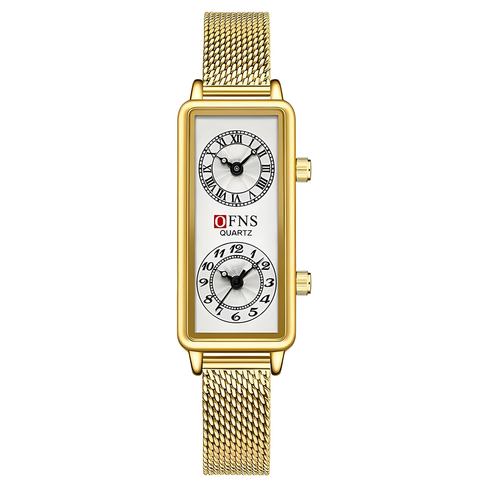 Fashionable Women's Quartz Watch, Rectangular Dial with Dual Time Zones, 30m Water Resistant (Mesh Gold)