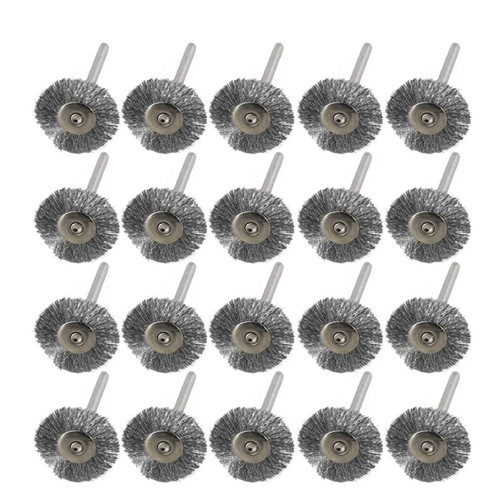 20 sztuk 22mm zestaw szczotek z drutu stalowego do polerowania metalu 3.0mm szczotka obrotowa z trzpieniem do narzędzia obrotowego Dremel narzędzie do polerowania, 20 sztuk stali