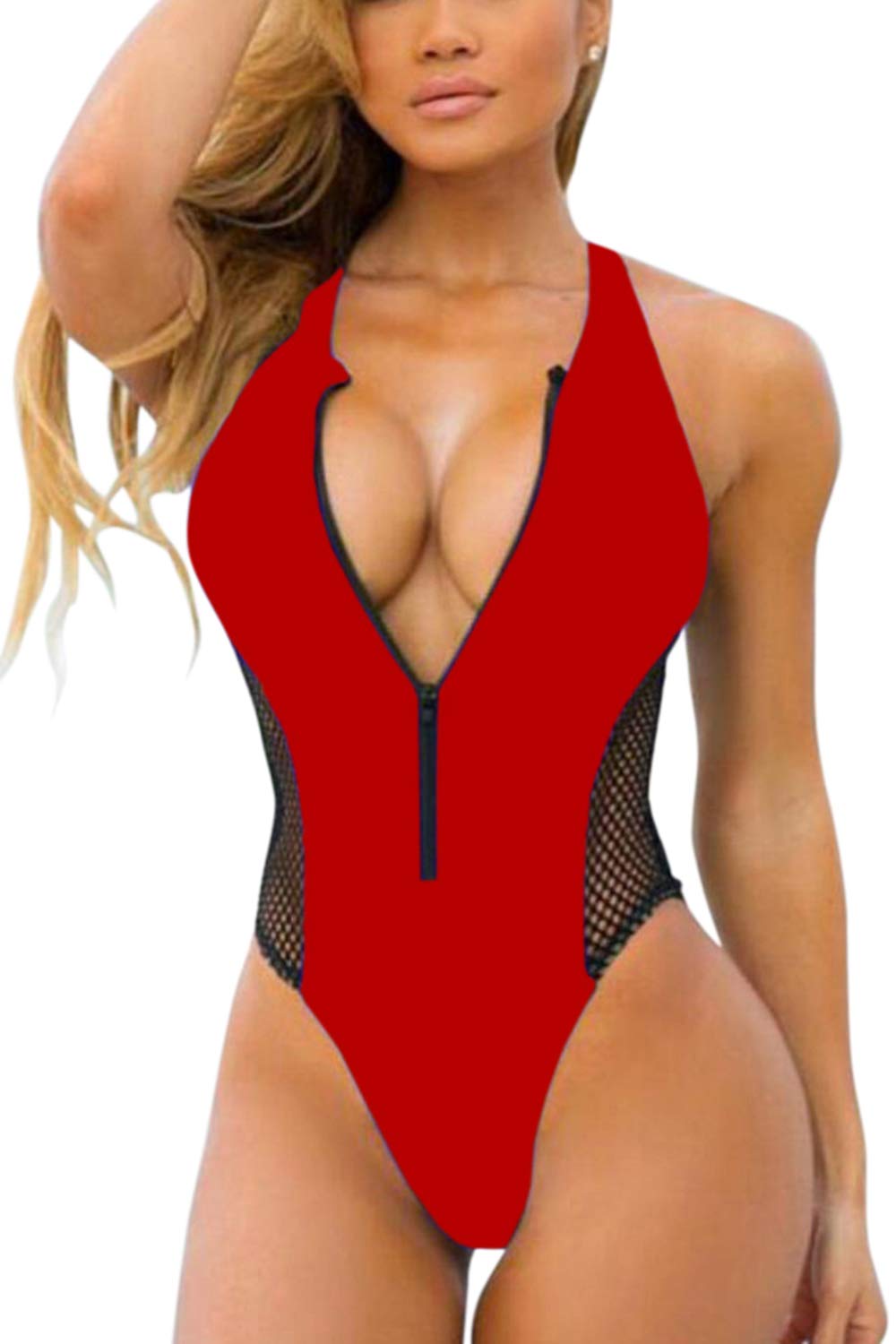 KAKALOT Women's Sexy Hgih Cut Zipper Up V Neck One Piece Monokini Swimwear