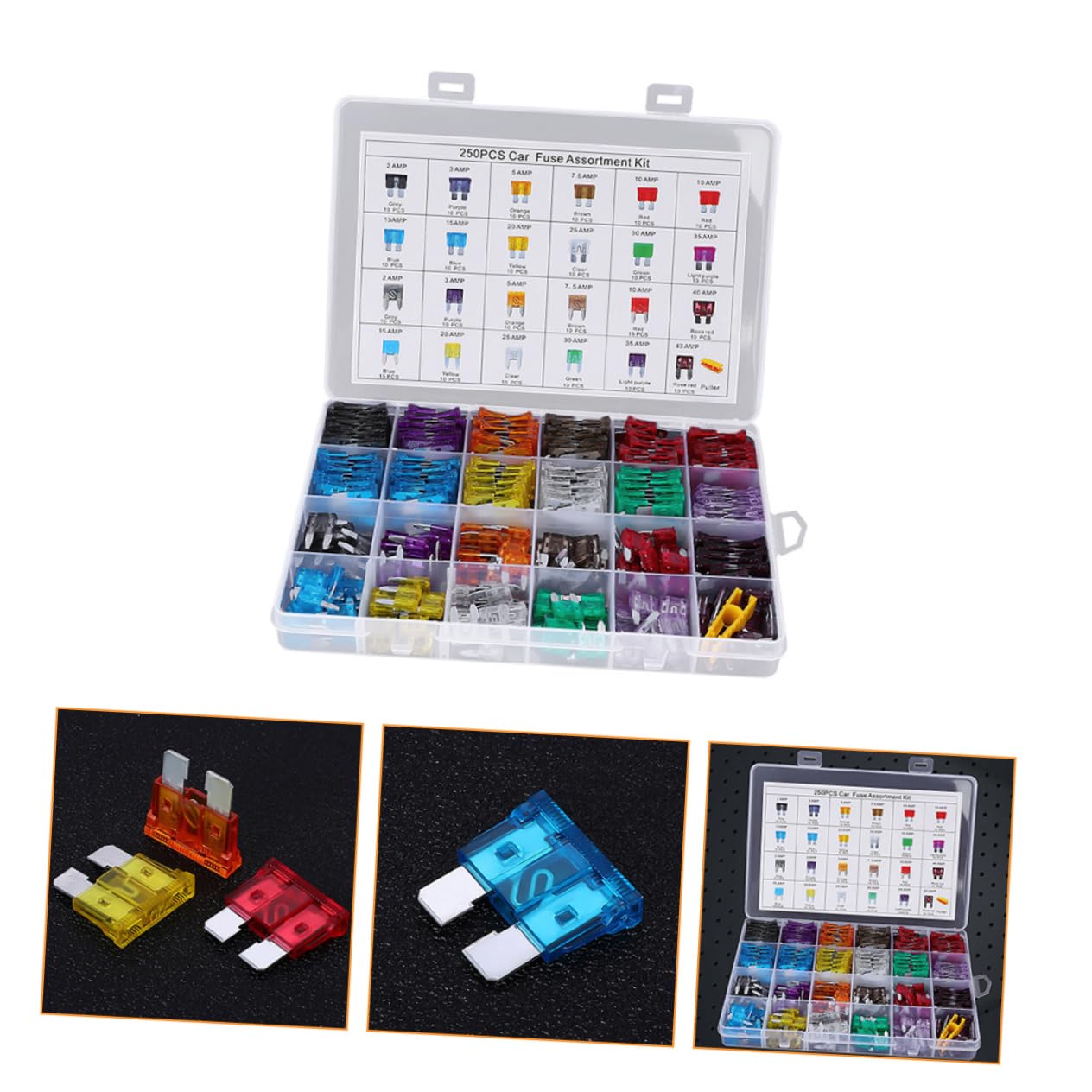ULTECHNOVO 250pcs Car Fuse Assortment Kit Standard Auto Blades for Trucks Suvs Rvs Durable Reliable Easy to Use with Labeled Storage Box Compartments