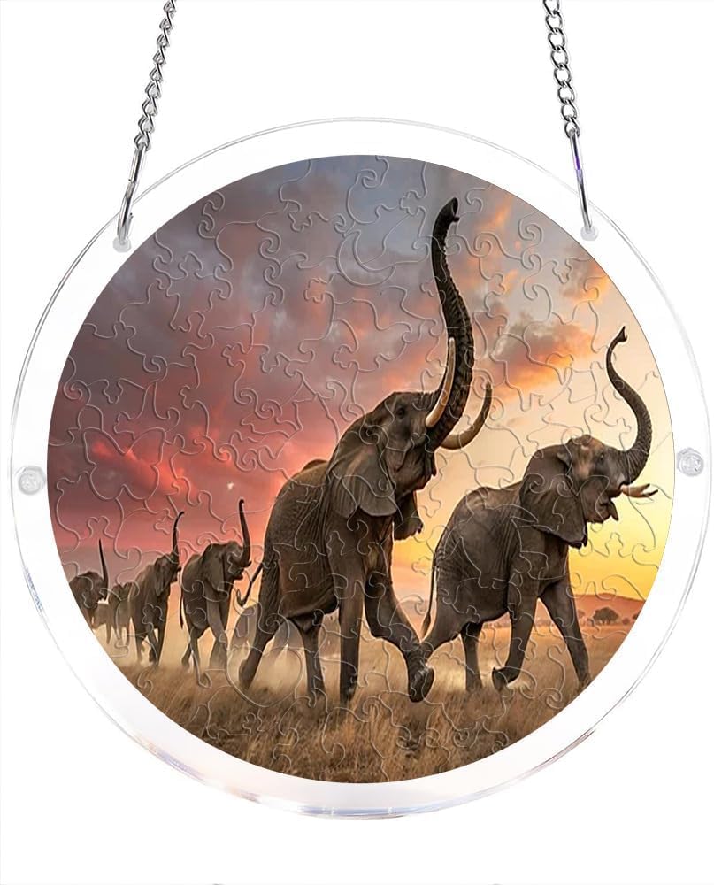 Elephant Herd At Sunset Wildlife Acrylic Jigsaw Puzzles Suncatcher, 8.9 Inch Window Hanging Suncatcher Acrylic Puzzle, DIY Home Decor Art Gift