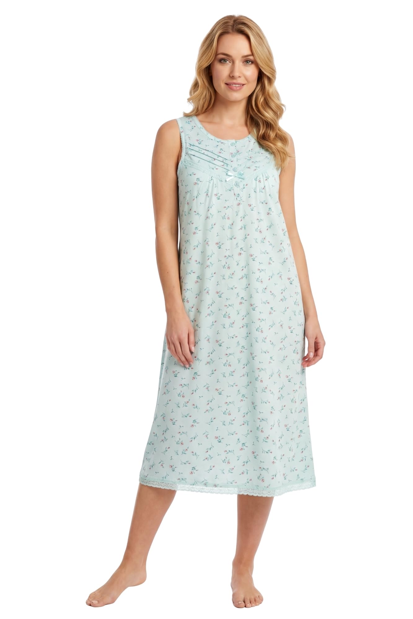 Camille 100% Cotton Sleeveless Women's Nightie | Below Knee Length Nightdress | Comfortable & Breathable Traditional Nighty With Button Fastening | Classic Nightwear | Mint 22-24