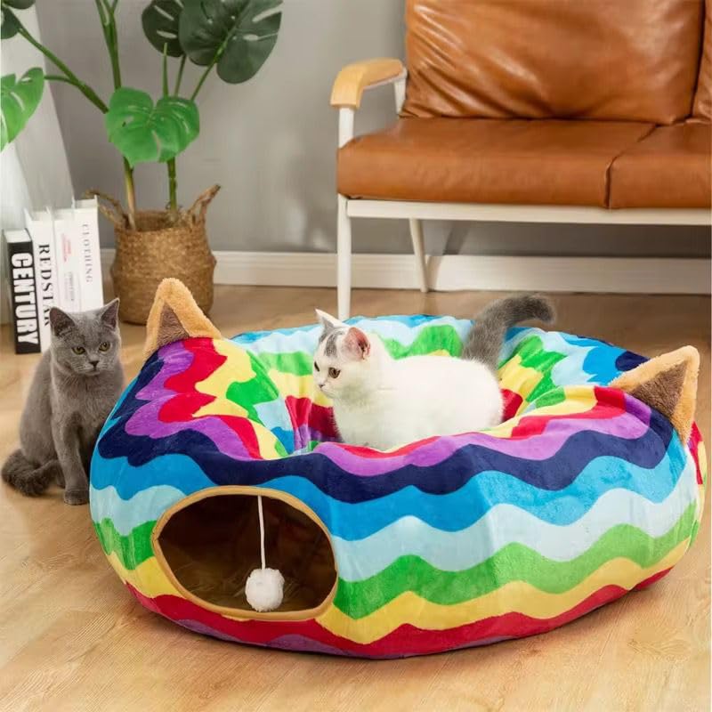 GHAZAL 2-in-1 Cat Tunnel Bed Plush Polyester Large Small Breeds Waterproof 33.5L x 33.5W x 10H cm Purple