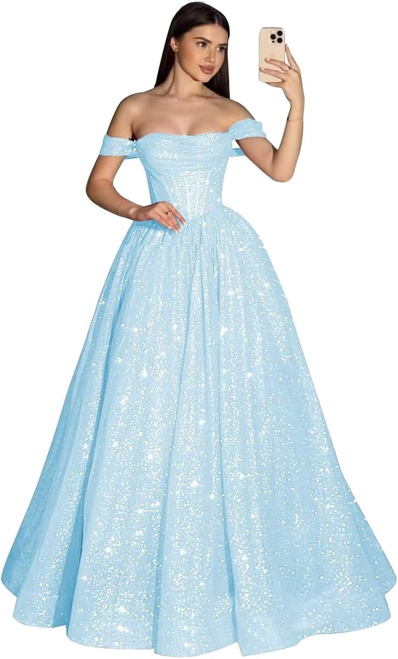 Sparkly Sequin Prom Dresses 2026 Long Off Shoulder Tulle Formal Gown Corset A Line Evening Ball Gown