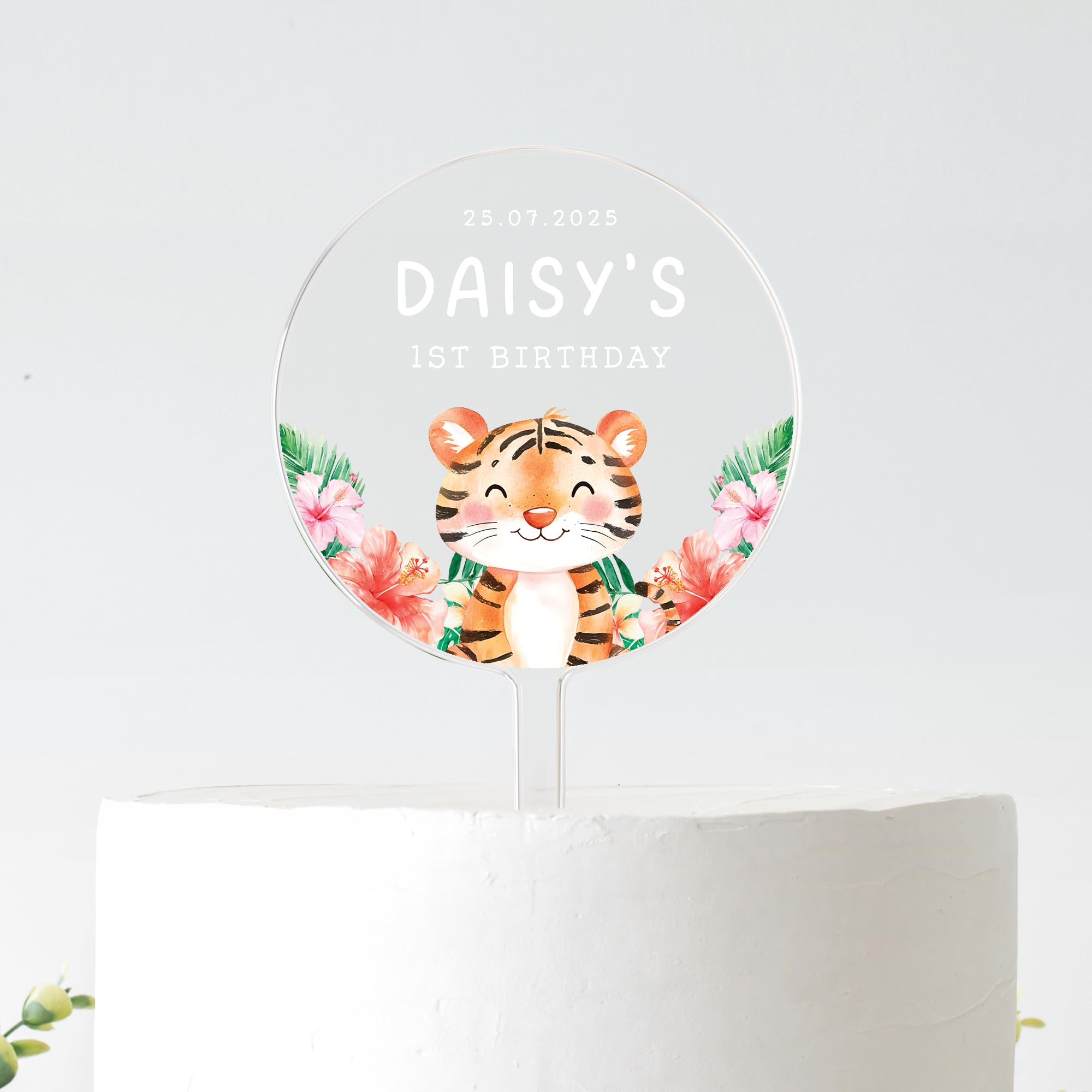 Personalised Tiger Birthday Cake Topper | Jungle Safari Theme | Custom Name & Age | Frosted Acrylic | 10cm or 12cm (WHITE TEXT, 12CM)
