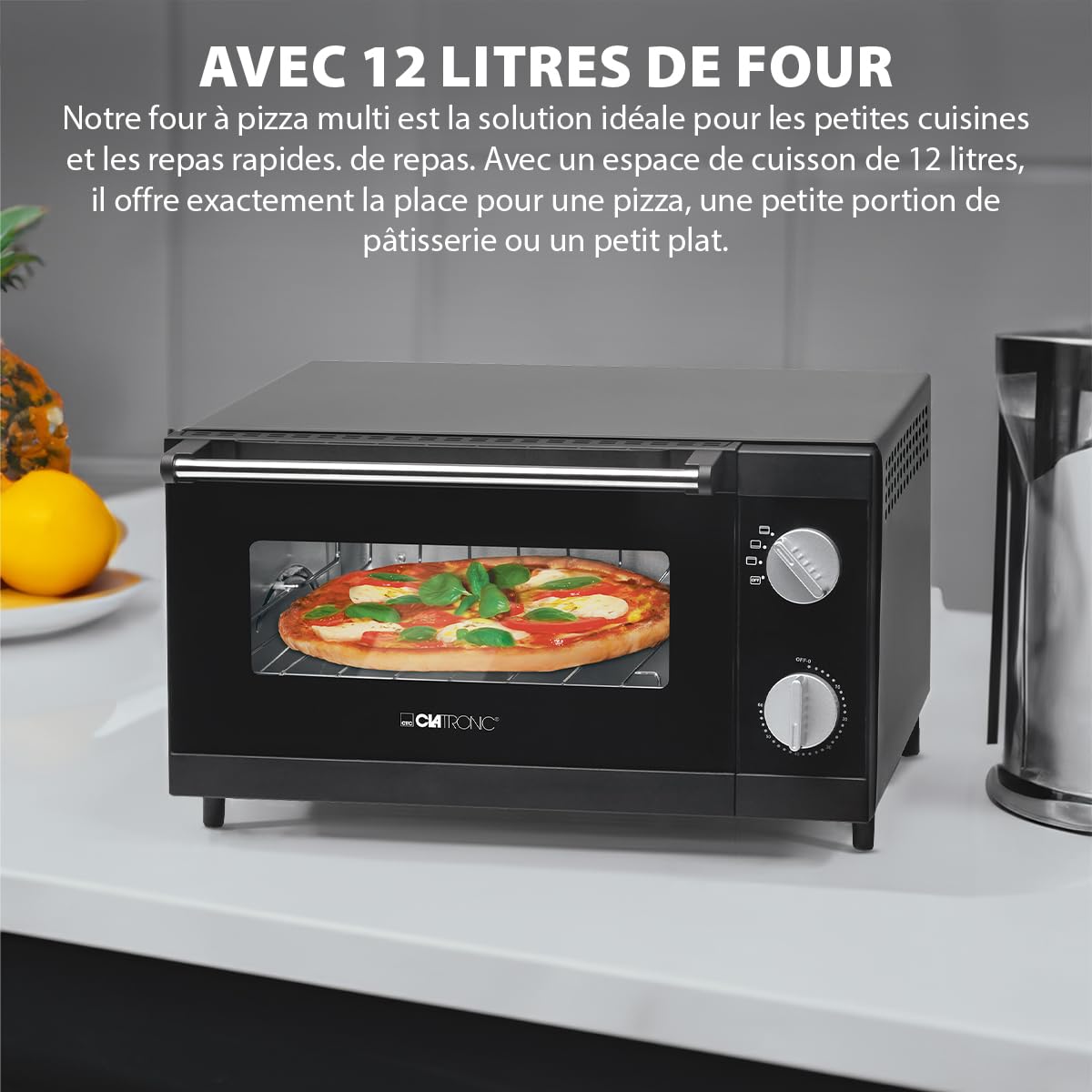 Clatronic Four à pizza avec espace de cuisson de 12 litres | idéal pour griller et réchauffer | Four avec chaleur supérieure et inférieure | Mini-four avec minuterie de 60 minutes | MPO 3520