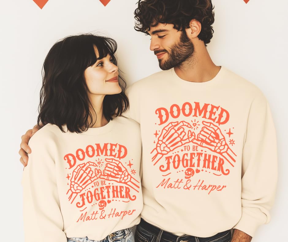 Doomed Together Couple Halloween Sweatshirts – Personalized Matching Skeleton Hands Pullover, Fun Spooky Season Outfit for Couples White2