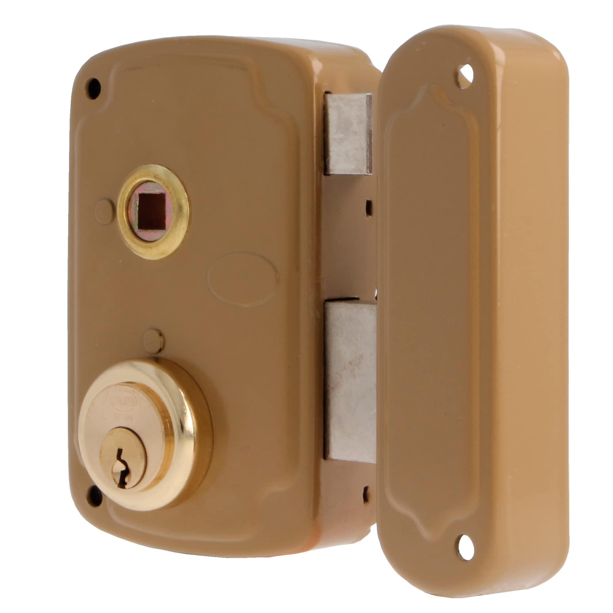 Amig - Serratura a Sovrapposizione a Destra con Leva di Chiusura e Linguetta per Porte in Legno Mod. 75UN 76 x 120 mm Cilindro rotondo di sicurezza in acciaio dorato