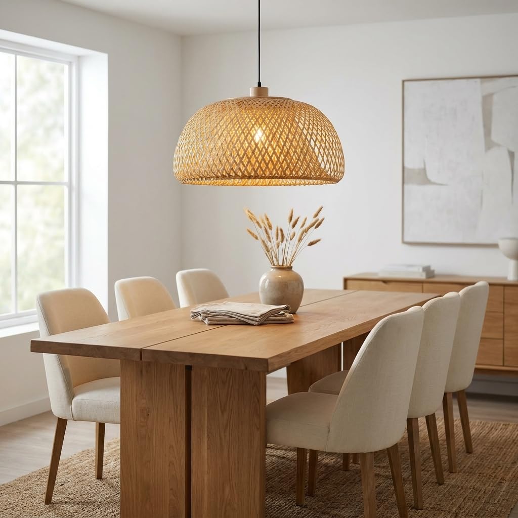 Alpinaluz Lámpara Colgante de Mimbre Beige ø480mm con Pantalla Doble Capa en Forma de Hemisferio, Portalámpara de Madera E27, Cable Negro Ajustable, Perfecta para Salón, Comedor y Dormitorio Interior