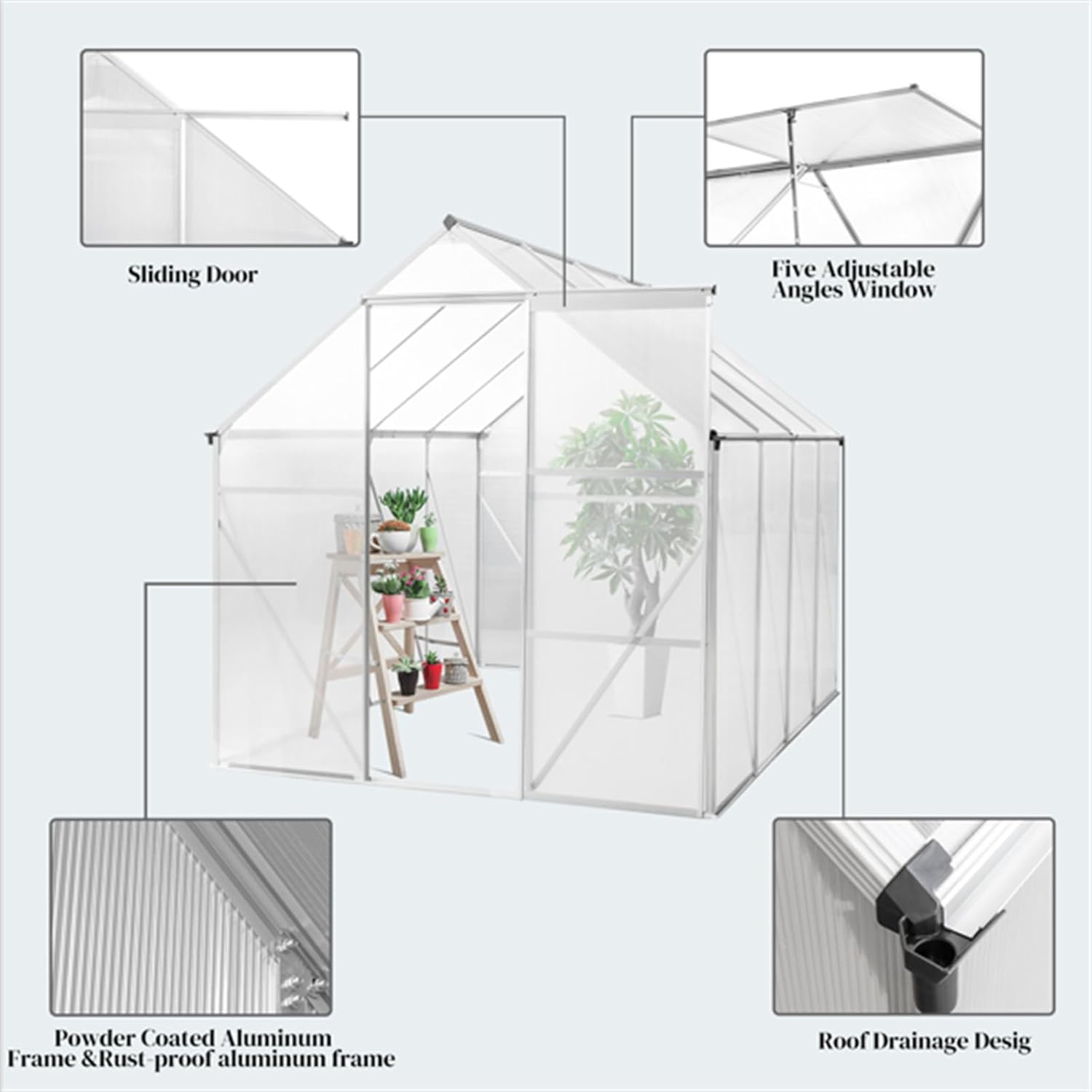 6x8 Hybrid Polycarbonate Greenhouse Double Layer Hollow PC Sun Board Sun Board Flower House hydroponic House Silver