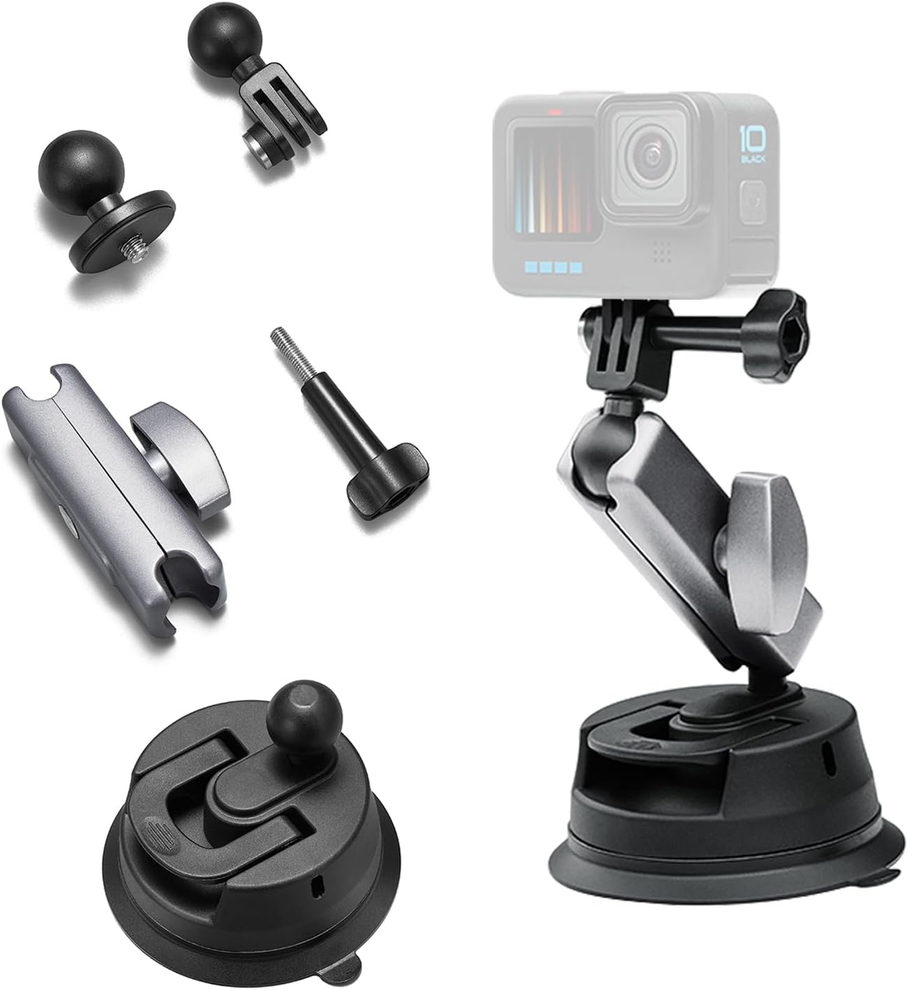 Action 6 Suction Cup Mount Bracket, for DJI Osmo Action 5 Pro, for Insta360 X3, for GoPro Hero 13 12 11/10/9 Accessories, with 1/4"-20 Standard Thread Adapter and Double Ball Head 360° Rotation