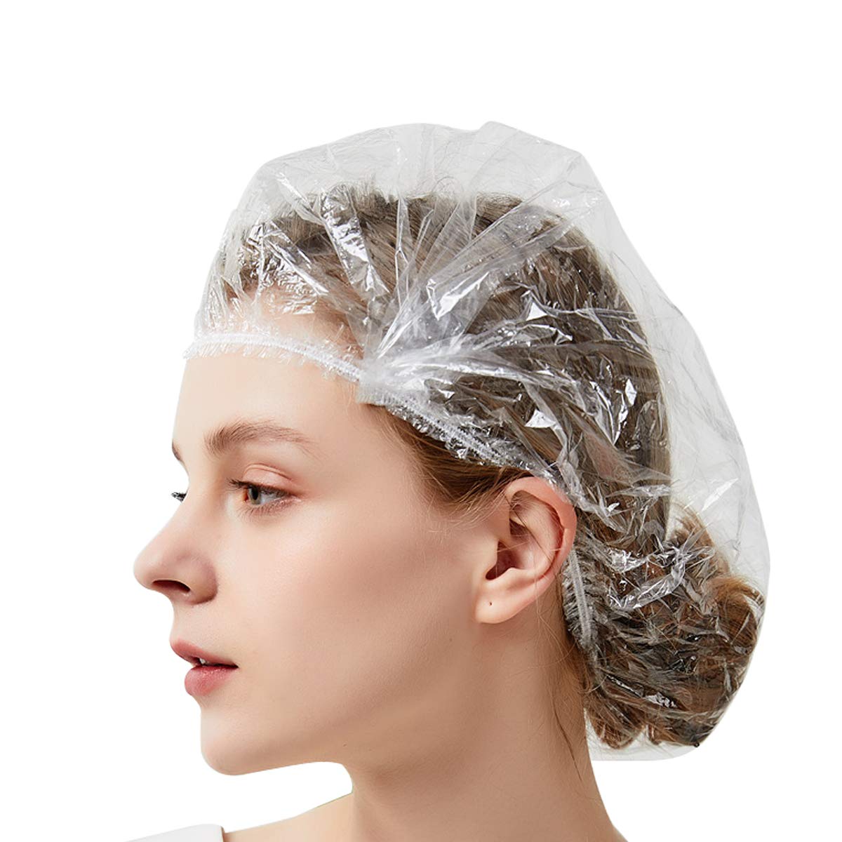 DEELING STYLE 100 PCS Disposable Shower Cap, Waterproof Clear Thick Bath Caps, Plastic Elastic Hair Caps for Women, Kids, Girls