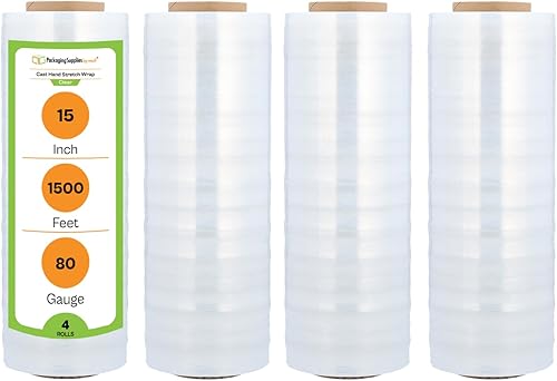 PSBM - Envoltura elástica, paquete de 4, 15 pulgadas x 1500 pies, calibre 80, adherencia de plástico transparente, rollos de película elástica a