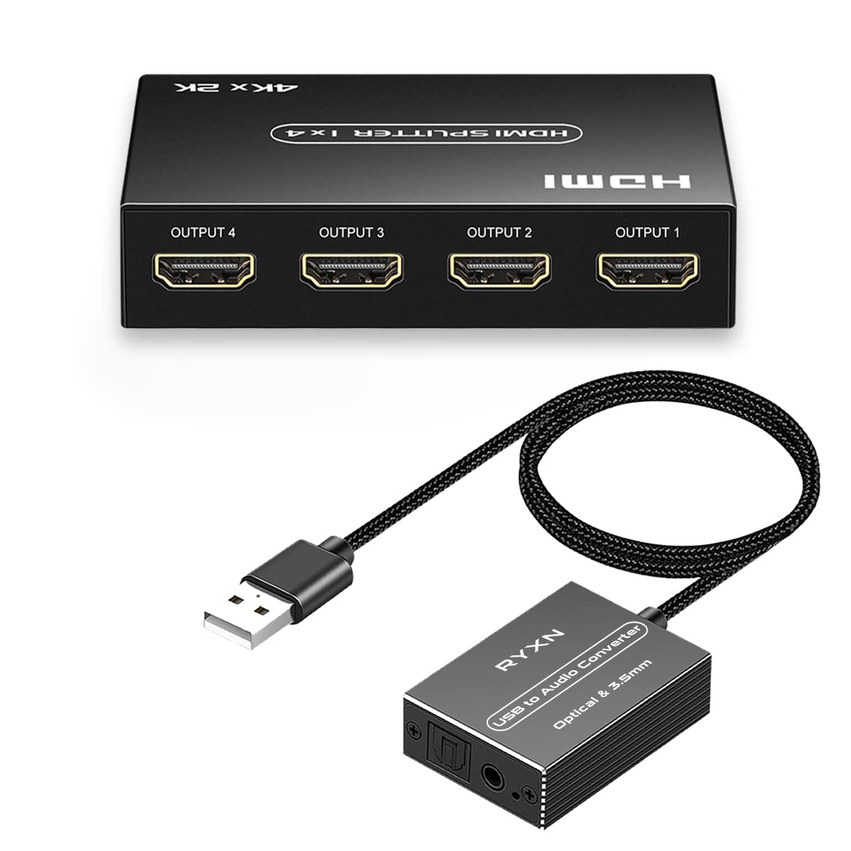 RYXN HDMI Splitter 1 in 4 Out, USB to Optical Spdif Toslink & 3.5mm Audio Adapter Converter