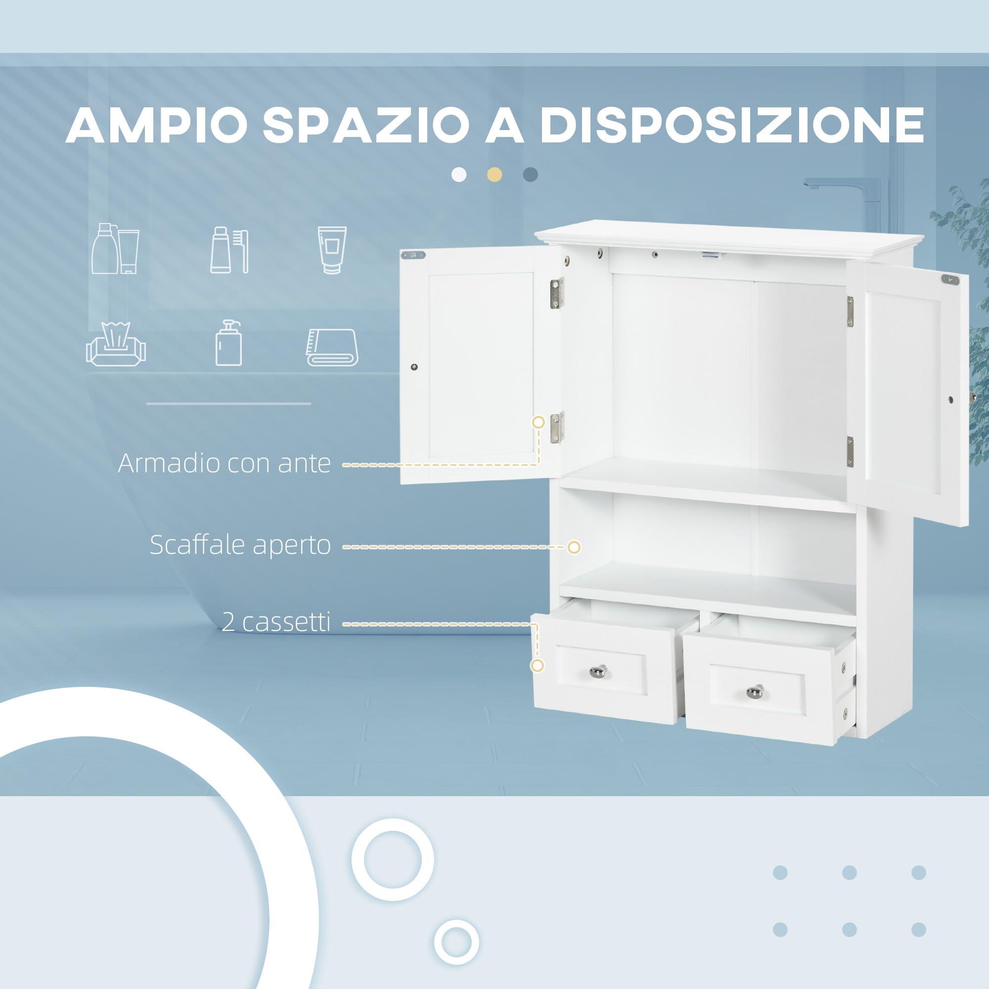 kleankin Armadietto Pensile Bagno a 2 Ante con Ripiano Aperto e 2 Cassetti, Mobiletto Multiuso per Cucina, Ingresso e Soggiorno, Bianco