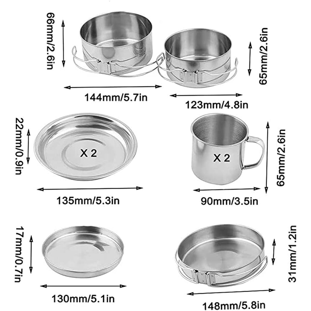 Zerodeko Ensemble Cuisine de Camping en Acier Inoxydable Poignées Pliables, Multi-Fonction, Comprenant Casserole, Poêle, Assiettes et Tasses pour Randonnée et Pêche