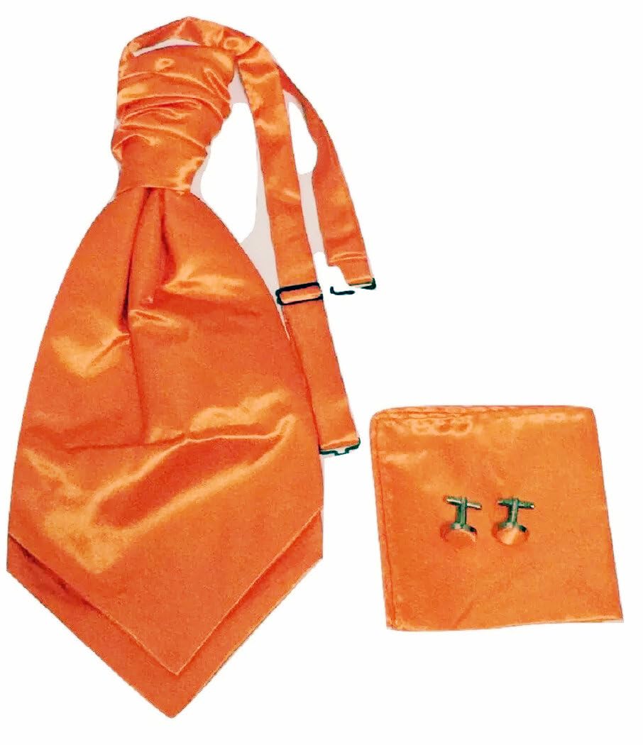 Ll Men's Orange L&L® Adult Satin Wedding Ruche Cravat Tie + Handkerchief Hanky +Cuff Links Set (Orange)