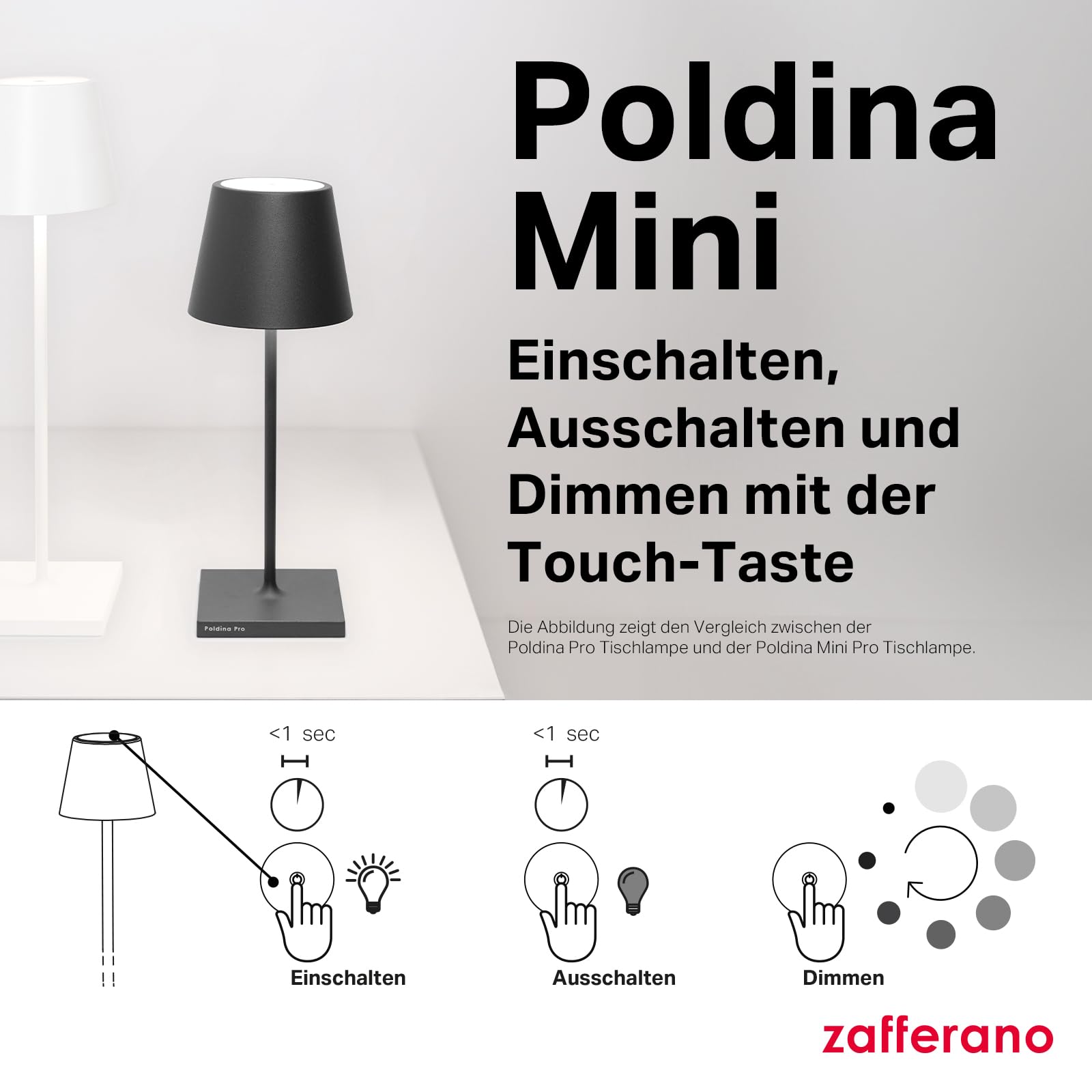 Zafferano, Poldina Pro Mini Lampe, Kabellose, Wiederaufladbare Tischlampe mit Touch Control, Auch für den Außenbereich Geeignet, Dimmer, 2200-3000 K, Höhe 30 cm, Farbe Dunkelgrau