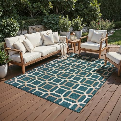 Oriental Weavers Latitude Indoor/Outdoor Rug - 806B3-6'7" x 9'2" - in Teal/Grey - Classic Casual Style, Water, Stain and Fade Resistant, Hose Clean, Patio, Outdoor Living Area Rug