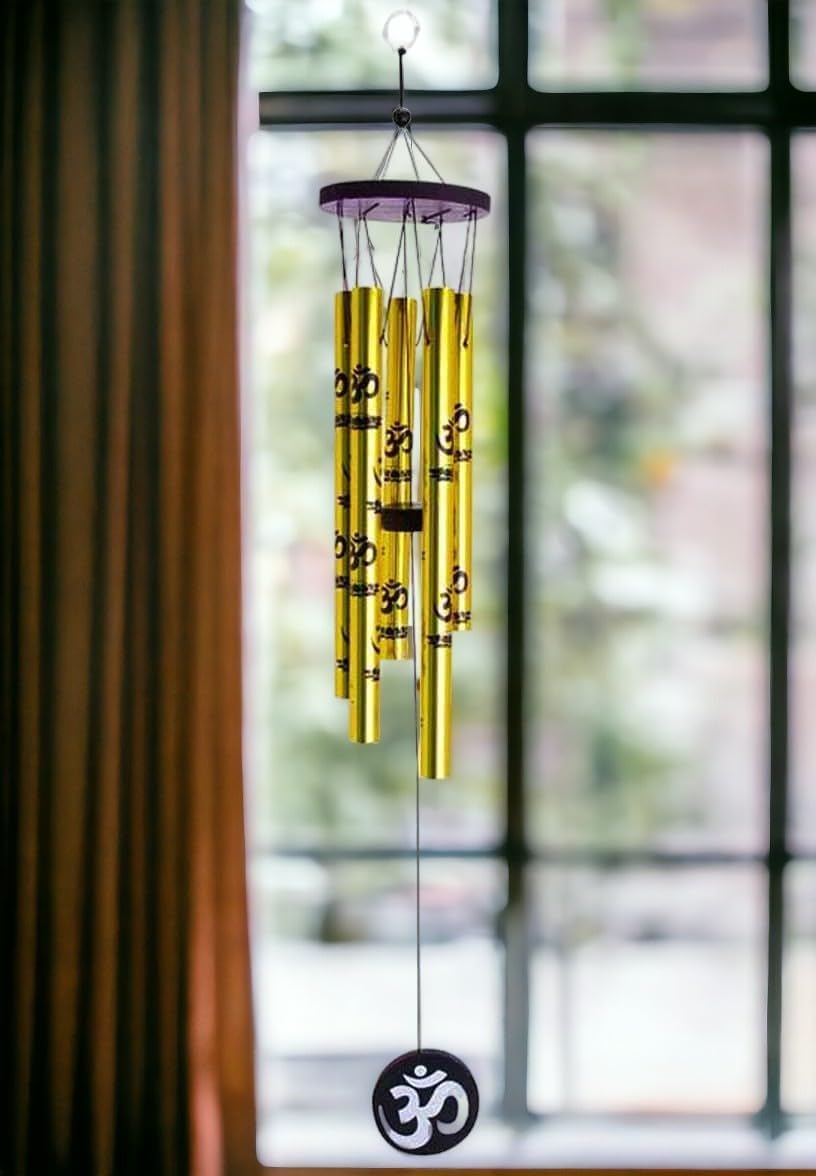 Market Flow Supplies Feng Shui Metal Wind Chime with Om Print, 5 Pipes for Indoor & Outdoor Steel Windchime (16 inch, Gold)-image-2