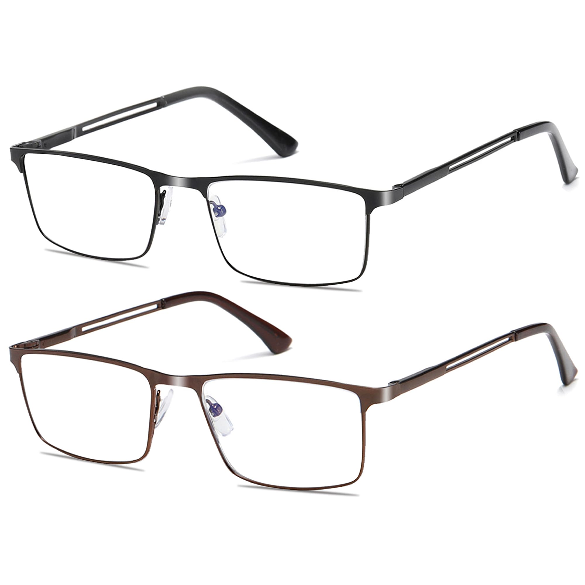 Fsread Men's 1 Black,1 Brown 2 Pack Blue Light Blocking Reading Glasses For With Spring Hinges Rectangular Reader Full Frame Ultralight Metal Frame +2.0