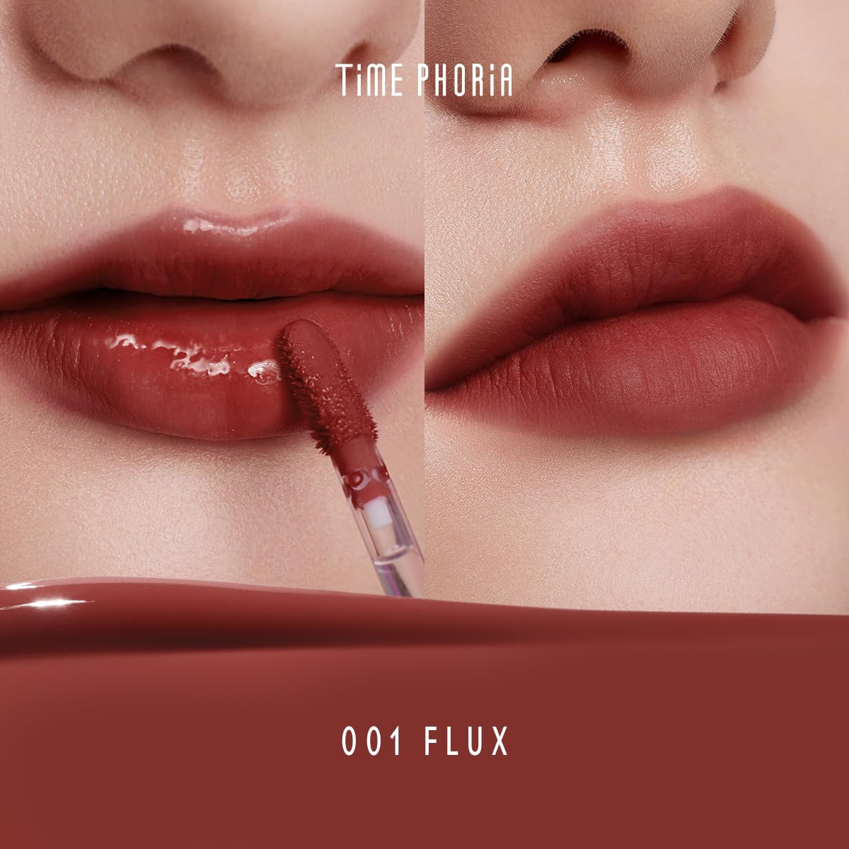 TIMEPHORIA Altera 001 Flux Lippenfarbe, bräunlich-rot, glänzend bis matt, weich, verwischt Lippenlinien, samtige Textur, leicht, ohne Klebrigkeit, vibrierend, feuchtigkeitsspendend und langanhaltend