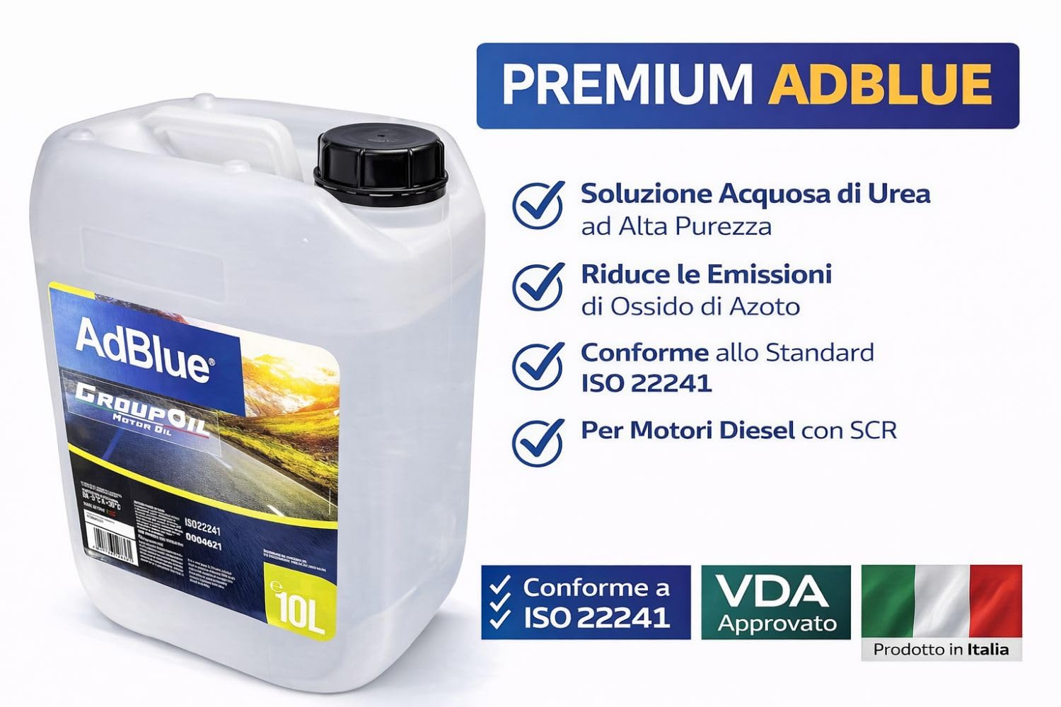 GROUPOIL - Adblue 10L per motori diesel, additivo per gas di scarico con tubo per facilitare il riempimento - Conforme alla ISO 22241 - compatibile con il sistema SCR - 100% made in italy