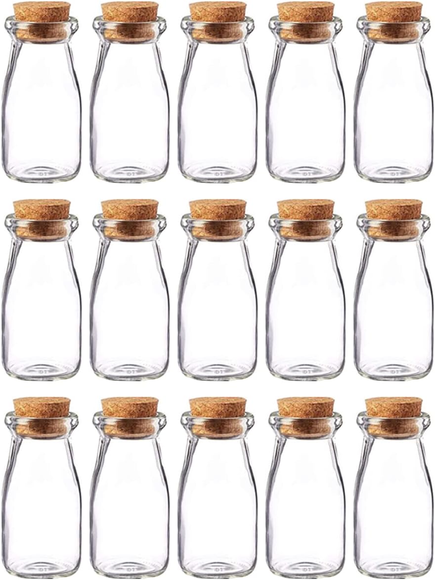 Danmu Art100ml Mini Glass Jars with Cork Stoppers Milk Glass Bottles Small Favor Jars Yogurt Pudding Storage Jar for Party Favors (100ml-15Pack)