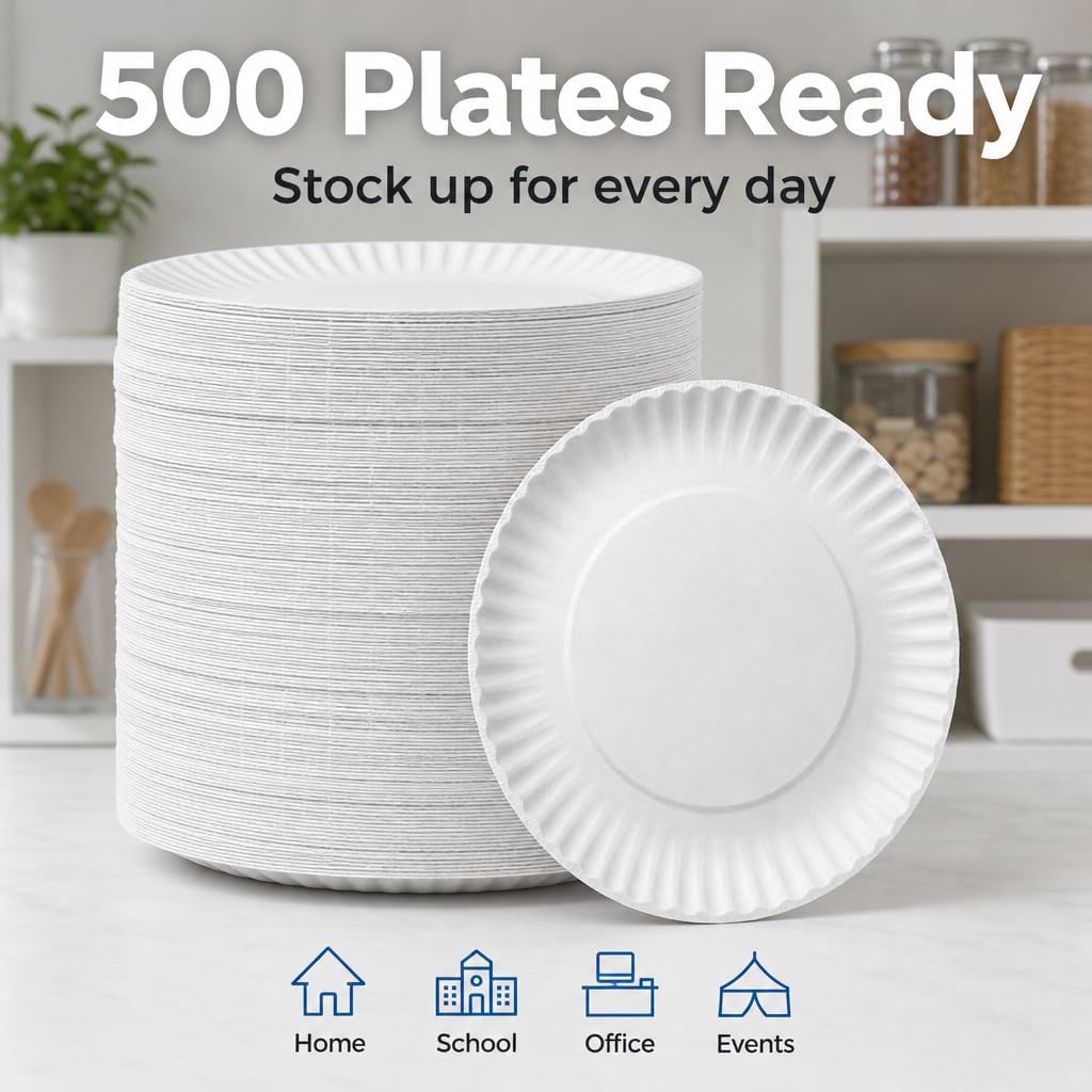 Mr Miracle 9 Inch Paper Plates 500 Pack – Uncoated White Disposable Plates Bulk | Plain Non Coated Everyday Paper Plates for Parties, BBQ, Picnics, Crafts & Catering image 2