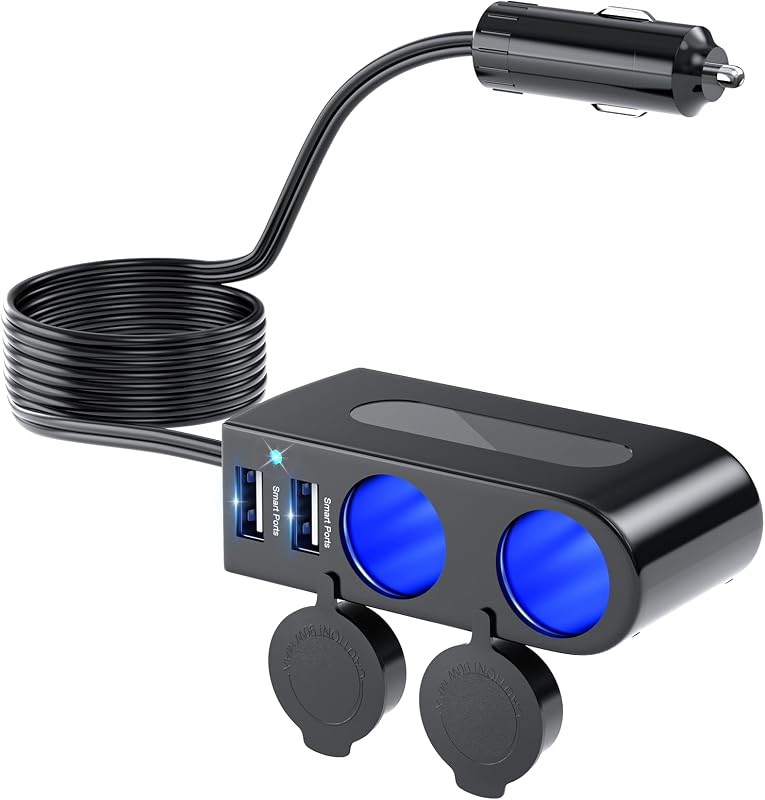 Rocketek 120W Szivargyújtó Elosztó 2 Aljzattal és 2 USB Porttal - Autós Töltő Adapter 12V/24V Okostelefonhoz, GPS-hez, Kamerához