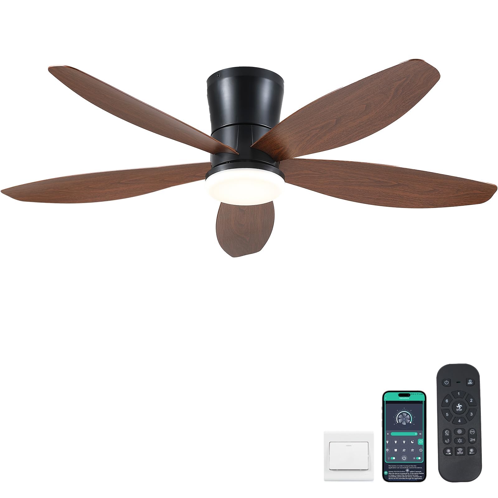 Surtime 48" Ceiling Fans with Lights-Low Profile Ceiling Fan with Light and Remote/APP Control,Flush Mount,LED Dimmable Modern Ceiling Fans for Bedroom,Indoor/Outdoor Patio Use(Brown)