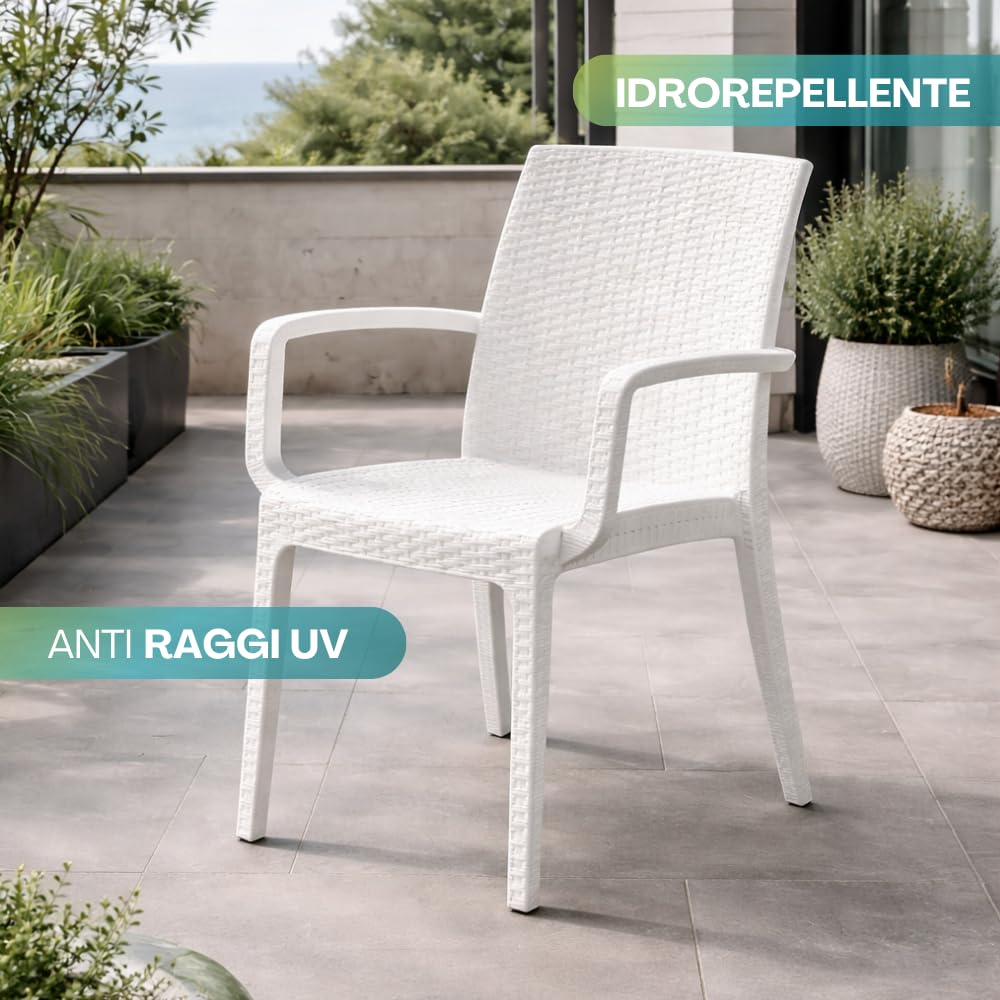 PALUPLUS Set 4 Sedie da Giardino con Braccioli in Polipropilene effetto Rattan colore BIANCO, misura 59x57x86 cm, Sedia Impilabile per Esterno ed Interno -VEROARM930F-18,8