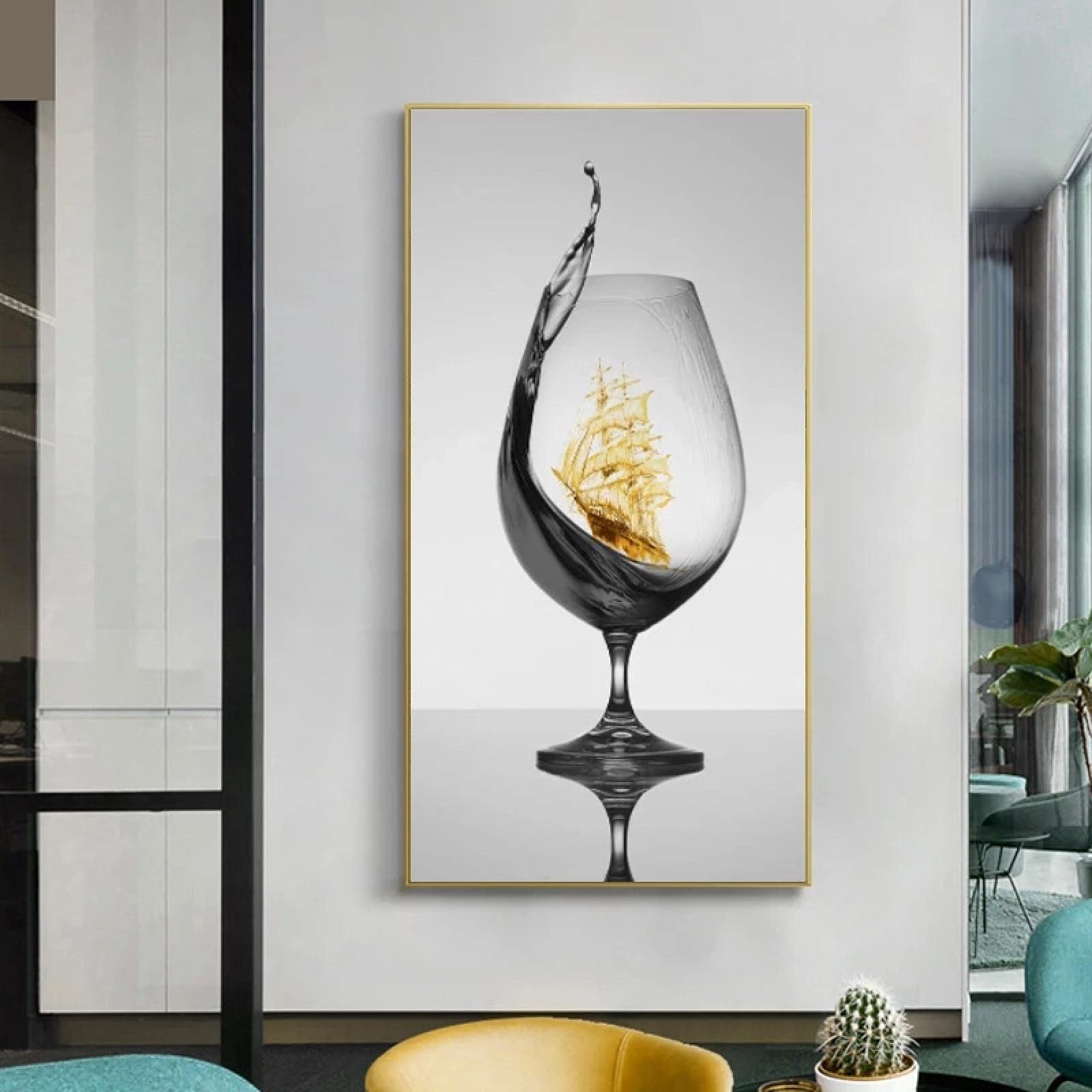 Cuadro de pared de arte de lienzo abstracto de vidrio moderno con velero para galería, comedor, decoración del hogar, carteles impresos, listo para colgar 45x90cm marco interior