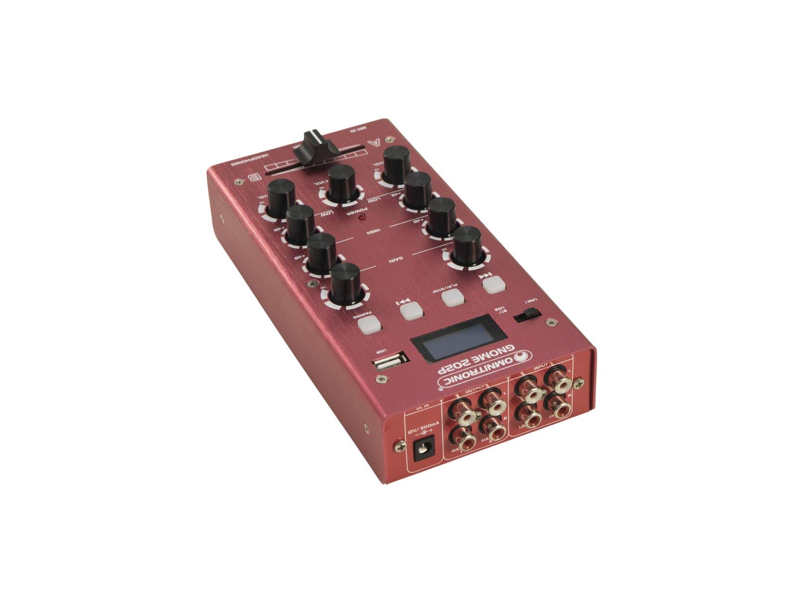 OMNITRONIC GNOME-202P Mini table de mixage Rouge | Table de mixage DJ 2 canaux avec Bluetooth et lecteur MP3 au format miniature | Entrée microphone réglable/sortie casque via prise jack 6,3 mm