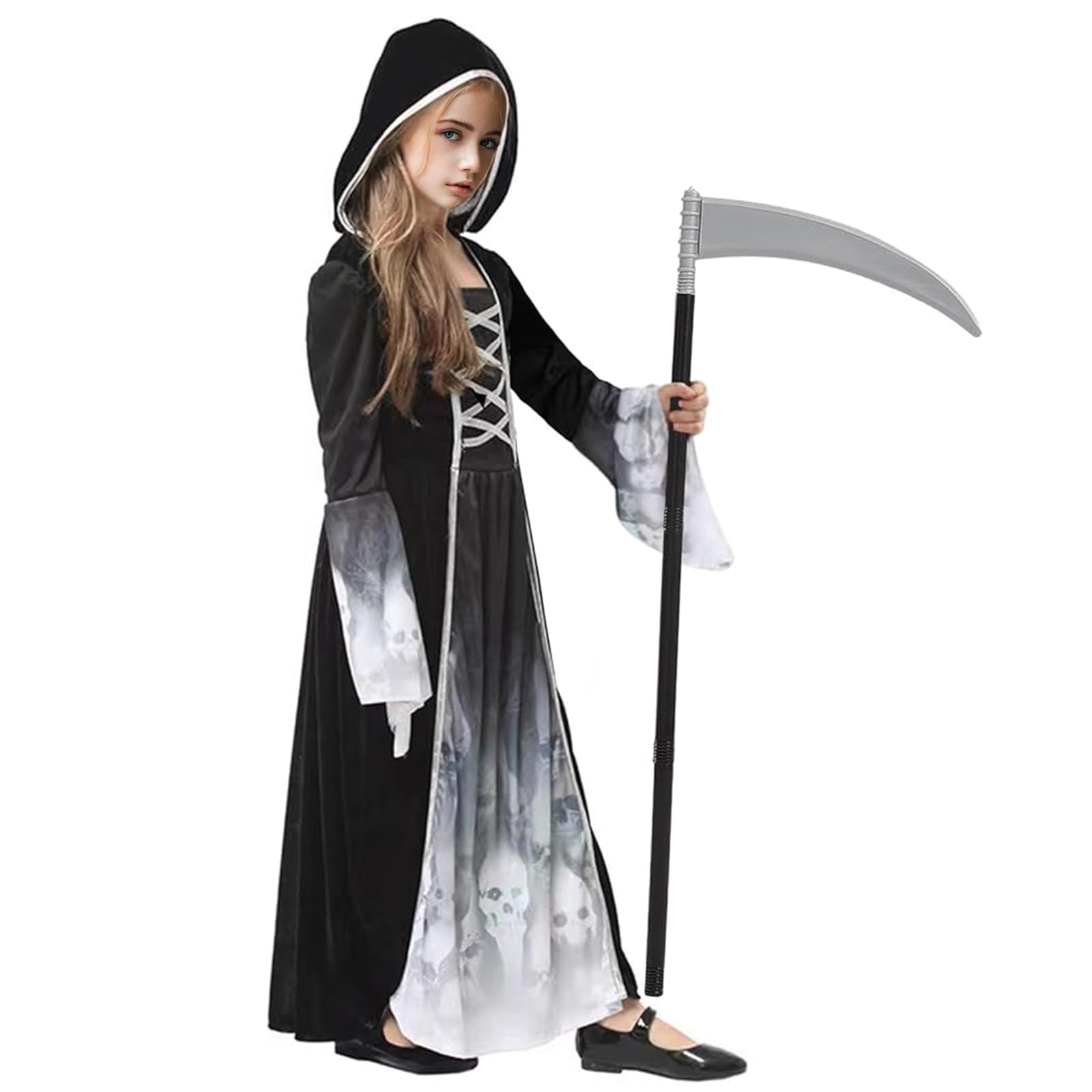 Halloween Costume Morte Bambina - Vestito da Mietitore Scheletro per Ragazza con falce - Costumi Grim Reaper Bambini per Halloween Carnevale Cosplay Festa