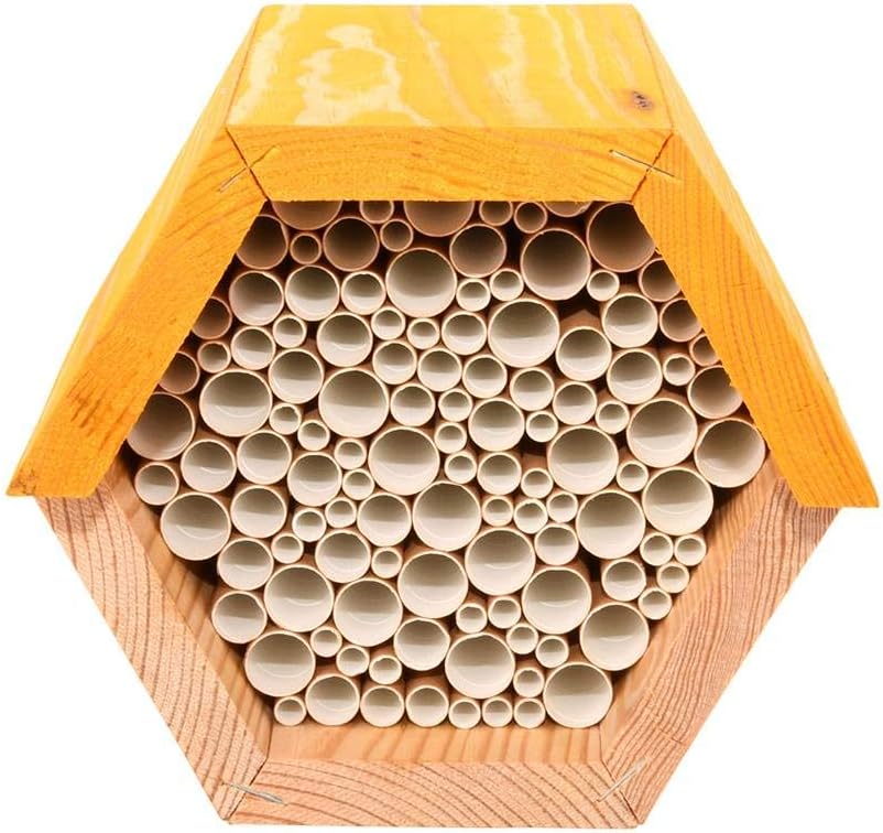 Esschert Design Hexagonal Solitary Bee House with Paper Straws – Wooden Mason Bee Hotel for Garden, Yellow Roof, Wall Mount or Freestanding, Pine Frame Pollinator Habitat