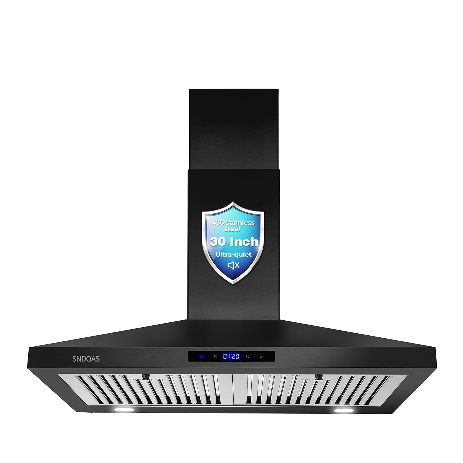 SNDOAS Campana de Cocina 75cm para PARED, Acero Inoxidable, Negro, Extractora y Purificadora, 3 Velocidades de Succión, Panel Digital-Tactil, Iluminacion Led, Filtros Metalicos Lavables