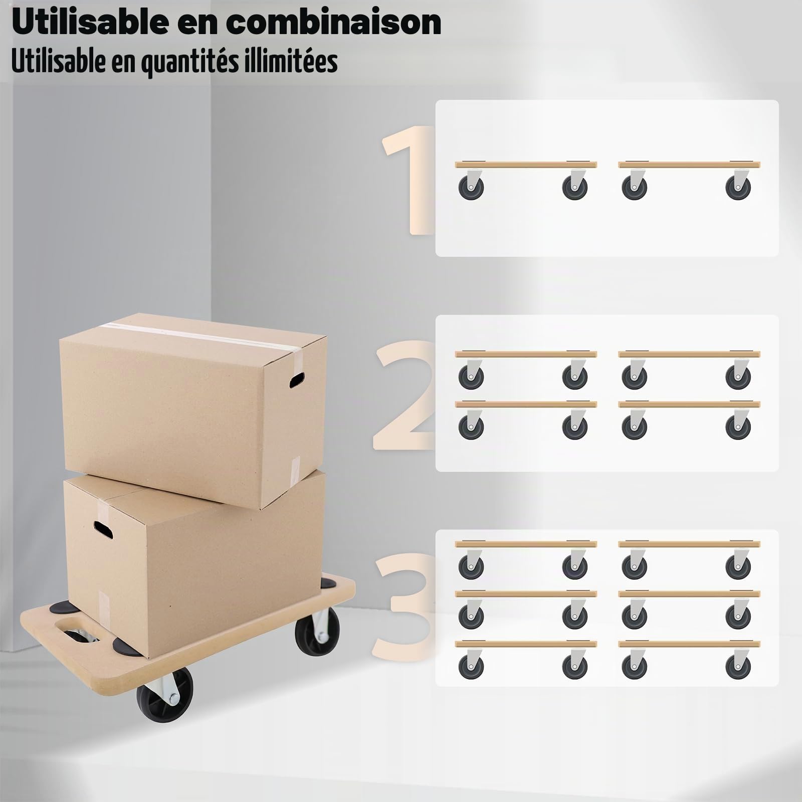 Aufun Lot de 4 Planches à Roulettes Antidérapantes 58 x 29 cm pour Transport et Déménagement avec Patins en Caoutchouc et Ateliers
