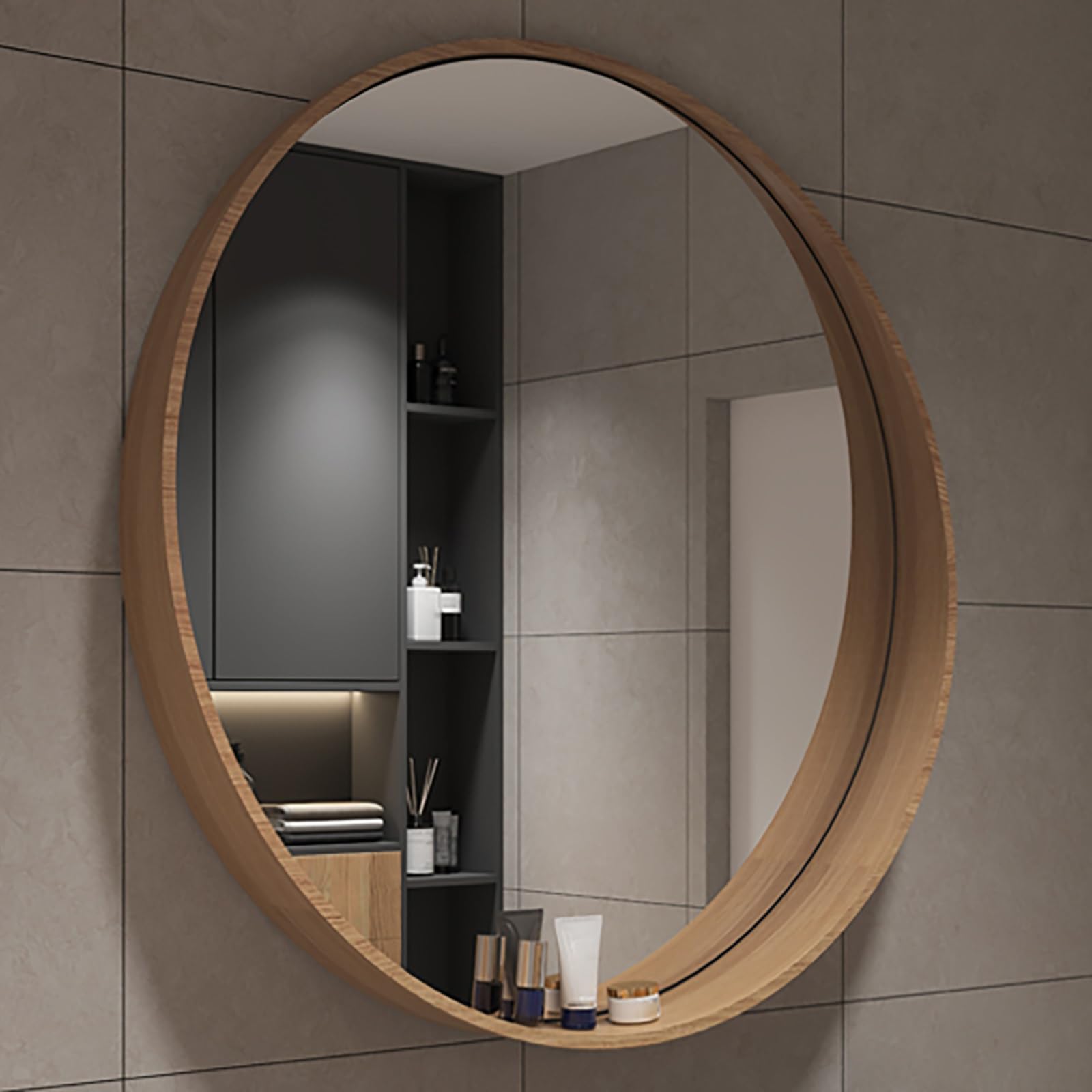 SXFSDOU Vintage Round Bathroom Mirror - Solid Wood Frame, 7cm Shelf, HD Explosion-Proof, Wall-Mounted Makeup & Decorative for Living Room/Bedroom/Entrance (50cm/19.7in)