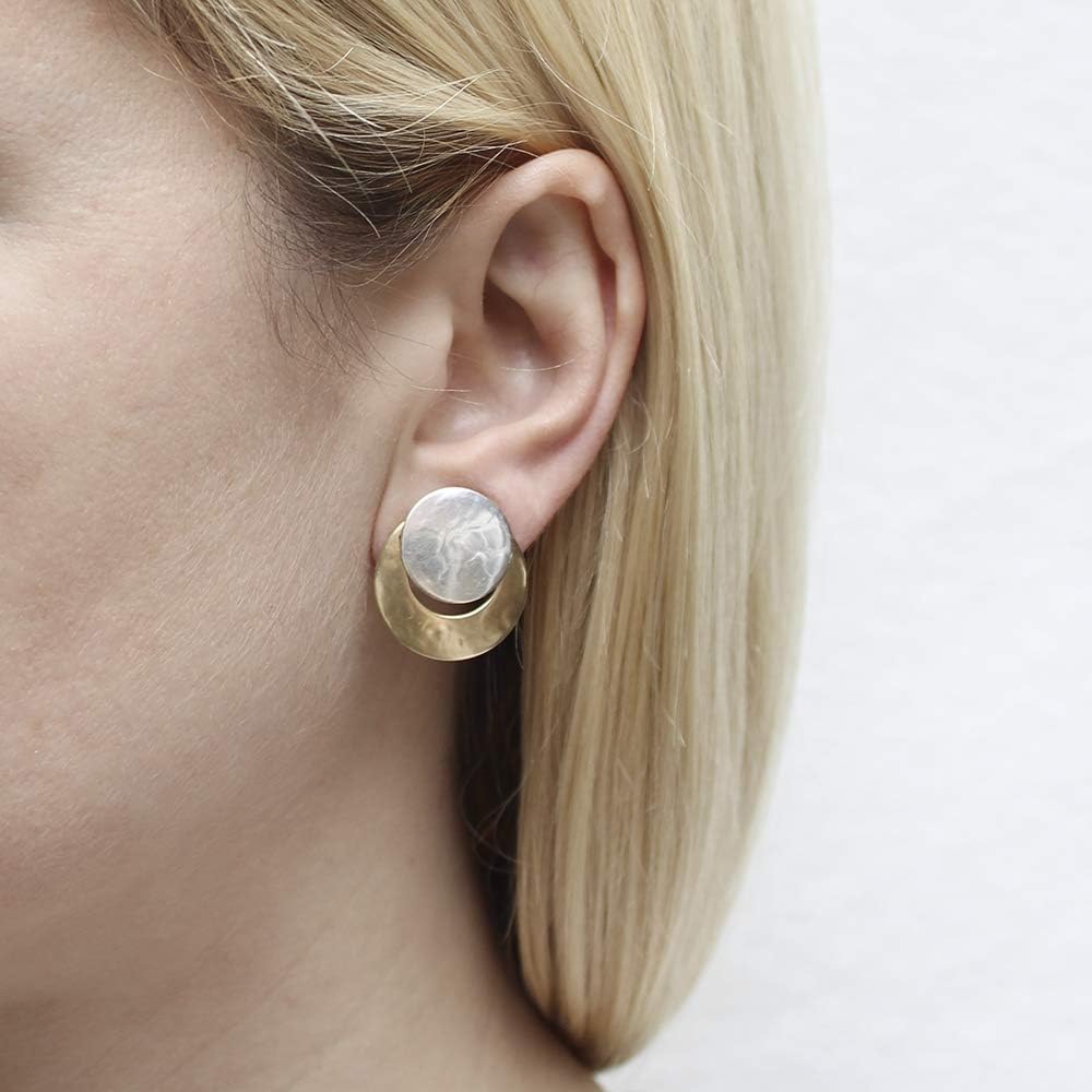 Disc Over Crescent Clip on Earring in Brass and Silver