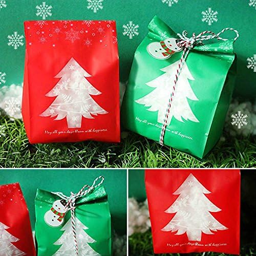 Sogorge 50pcs Red/Green Plastic Bags Candy Box with Snowflake Xmas Dessert Cookie Bags Wedding Decorations
